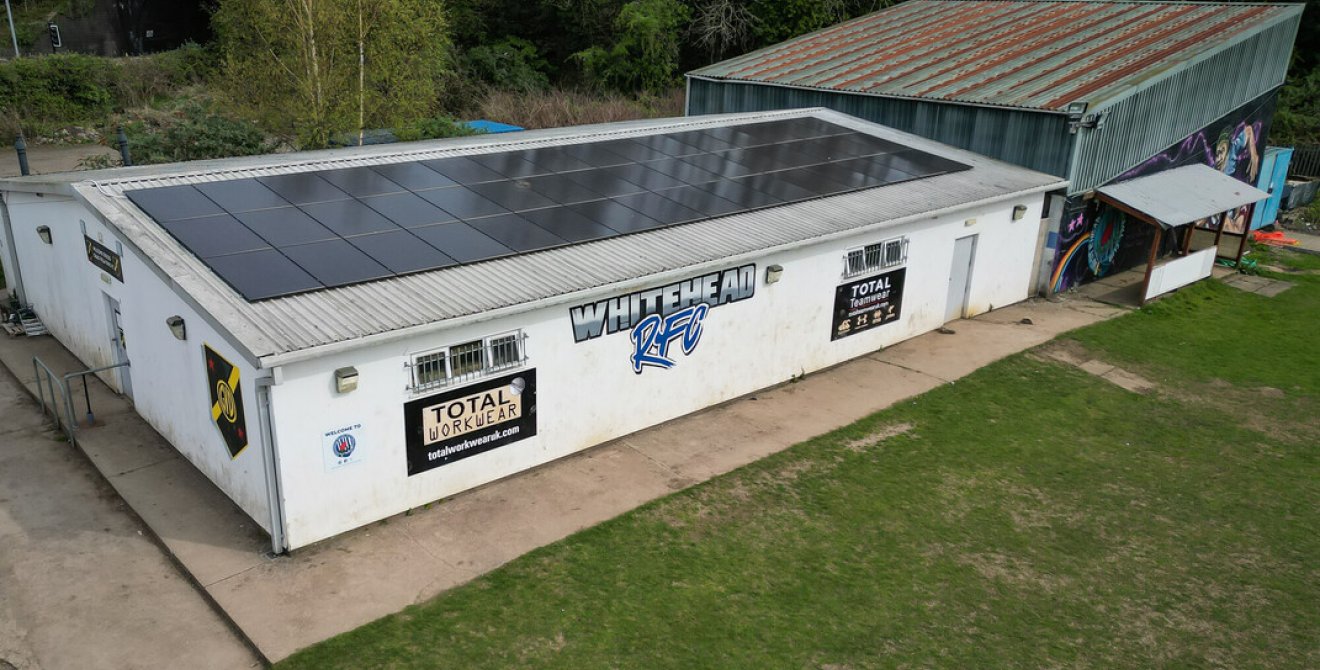 Solar panels on the roof of Whitehead Sport and Social Club.