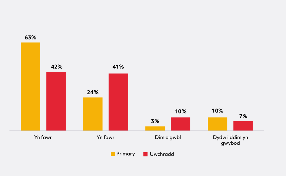 Mae’r graff wedi'i rannu'n 4 categori. Mae pob categori yn cynrychioli faint o ddisgyblion sy'n cytuno bod Addysg Gorfforol a Chwaraeon yn eu helpu i sicrhau ffordd iach o fyw. Mae'r categorïau yma'n Llawer, Ychydig, Dim o gwbl, a Dwi ddim yn gwybod.   Mae gan bob categori ddau far. Mae'r rhain yn cynrychioli disgyblion ysgolion Cynradd ac Uwchradd.   Y bar uchaf ar gyfer disgyblion Cynradd oedd 63 y cant ac mae'n cynrychioli Llawer, ac yna 24 y cant, 10 y cant, a 3 y cant, sy'n cynrychioli Ychydig, Dwi ddi