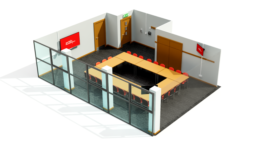 Taff room 1 set up in a boardroom type.