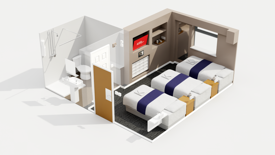 Ystafell gyda thri gwely sengl ac ystafell ymolchi