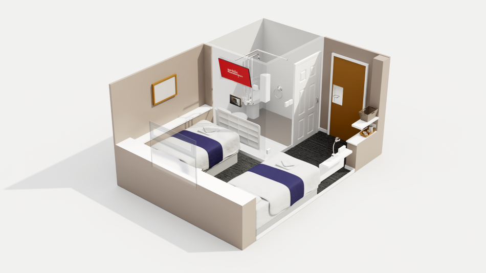 Ystafell gyda dau wely sengl ac ystafell ymolchi