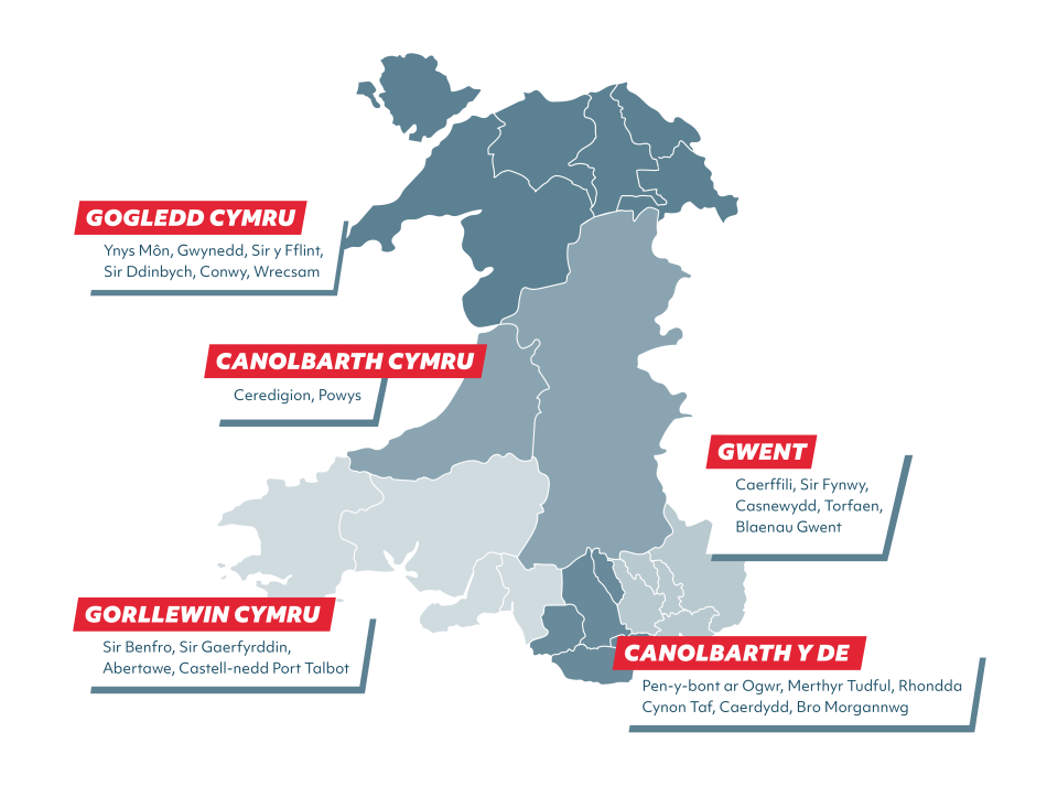 Map sy'n dangos rhanbarthau'r partneriaeth chwaraeon