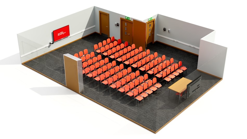Ystafell Bute wedi’i gosod ar ffurf theatr