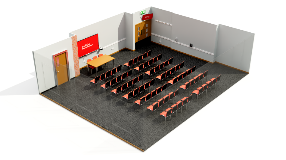 Ystafell Jiwbilî wedi’i gosod ar ffurf theatr